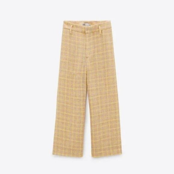 NWT Zara yellow tan & white tweed cropped wide leg culottes, L - Picture 6 of 10
